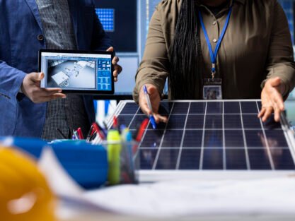 Photovoltaics factory investors evaluating solar panel structure design, addressing technical considerations and innovations for advancing clean energy technology, close up shot